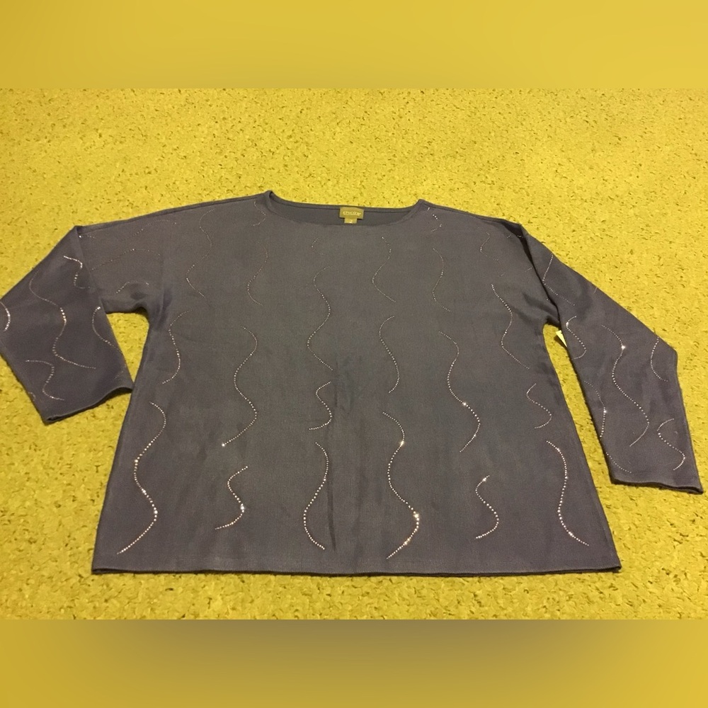 CHICOS NWT SZ 2 (L) TOP RHINESTONE SWEATER RAYON NYLON MOUNTAIN IRIS